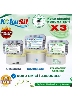 Kokusil 3 lü Kapsamlı Koruma Seti Buzdolabı-Ayakkabılık-Otomobil Koku Giderici ve Koku Emici