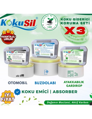 Kokusil 3 lü Kapsamlı Koruma Seti Buzdolabı-Ayakkabılık-Otomobil Koku Giderici ve Koku Emici
